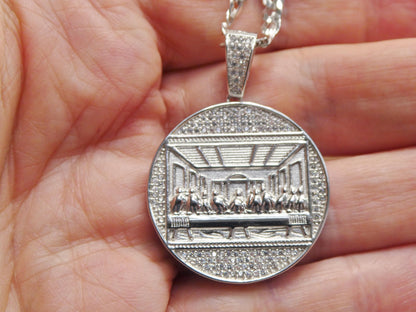 Real 925 Sterling Silver 22 Inch Flat Chain and Large Last Supper Pendent Charm