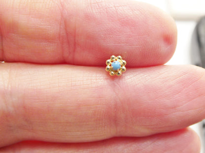 14k Real Solid Yellow Gold Flower Turquoise Cartilage Daith Ring Piercing