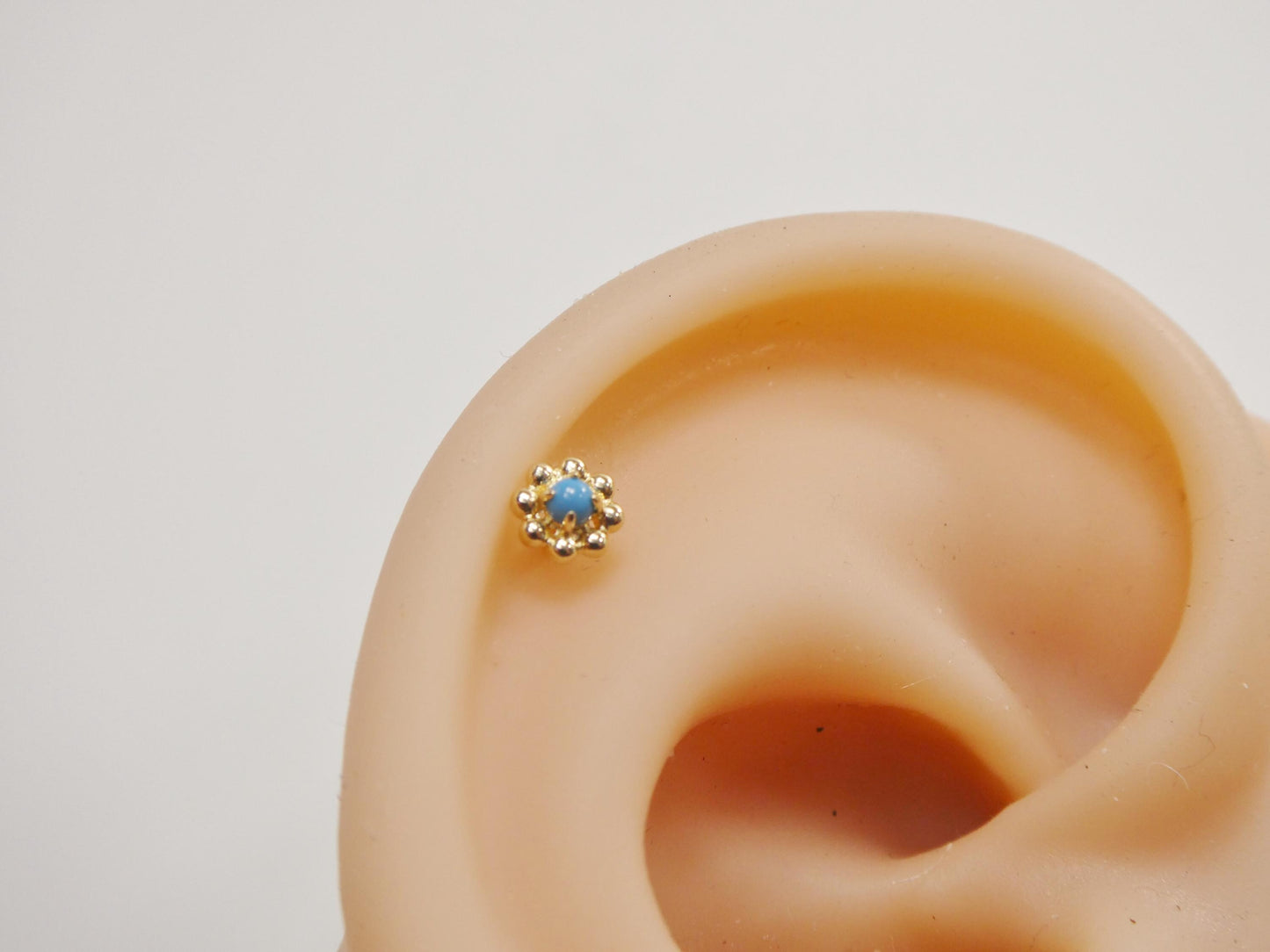 14k Real Solid Yellow Gold Flower Turquoise Cartilage Daith Ring Piercing