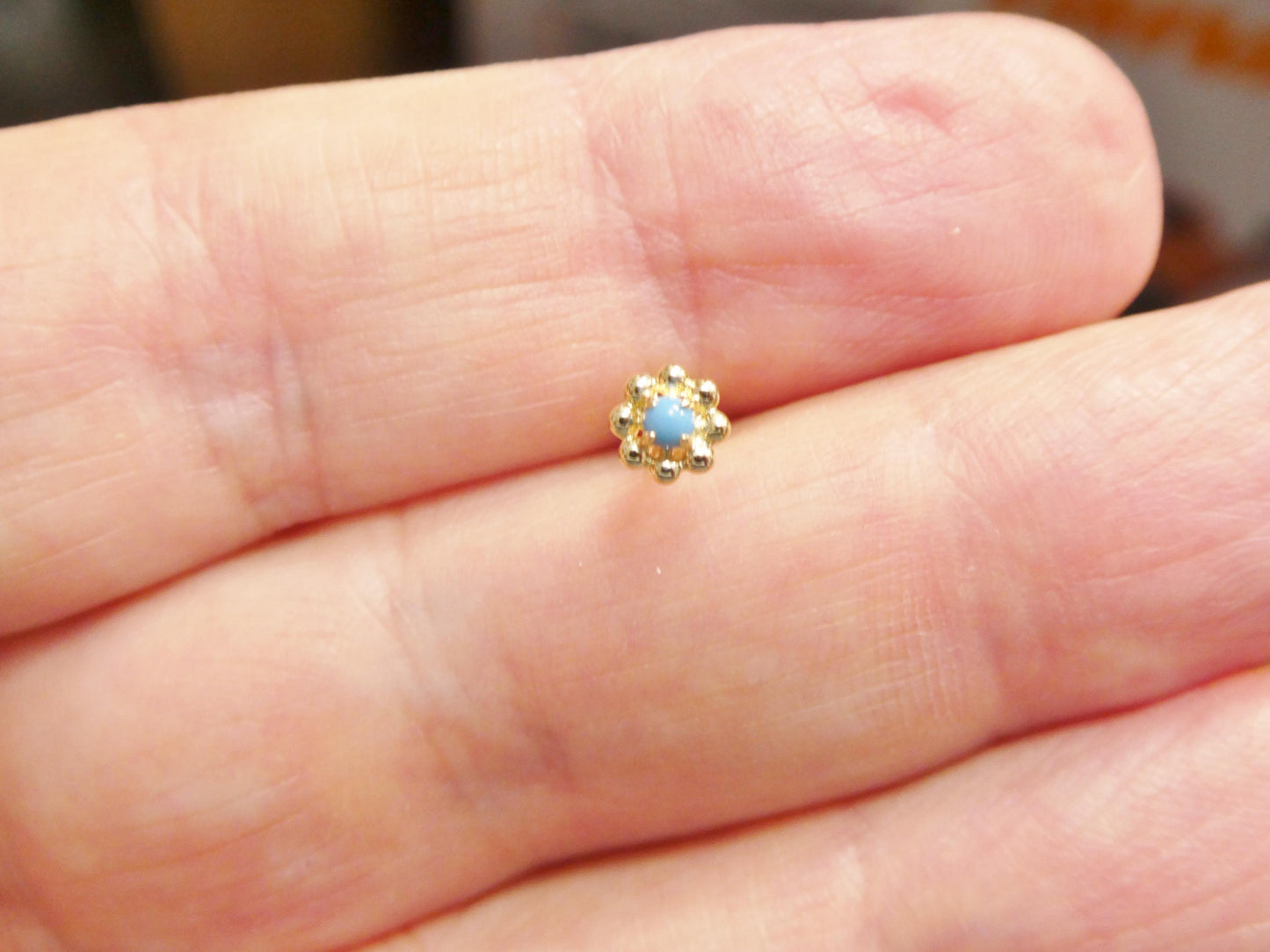 14k Real Solid Yellow Gold Flower Turquoise Cartilage Daith Ring Piercing