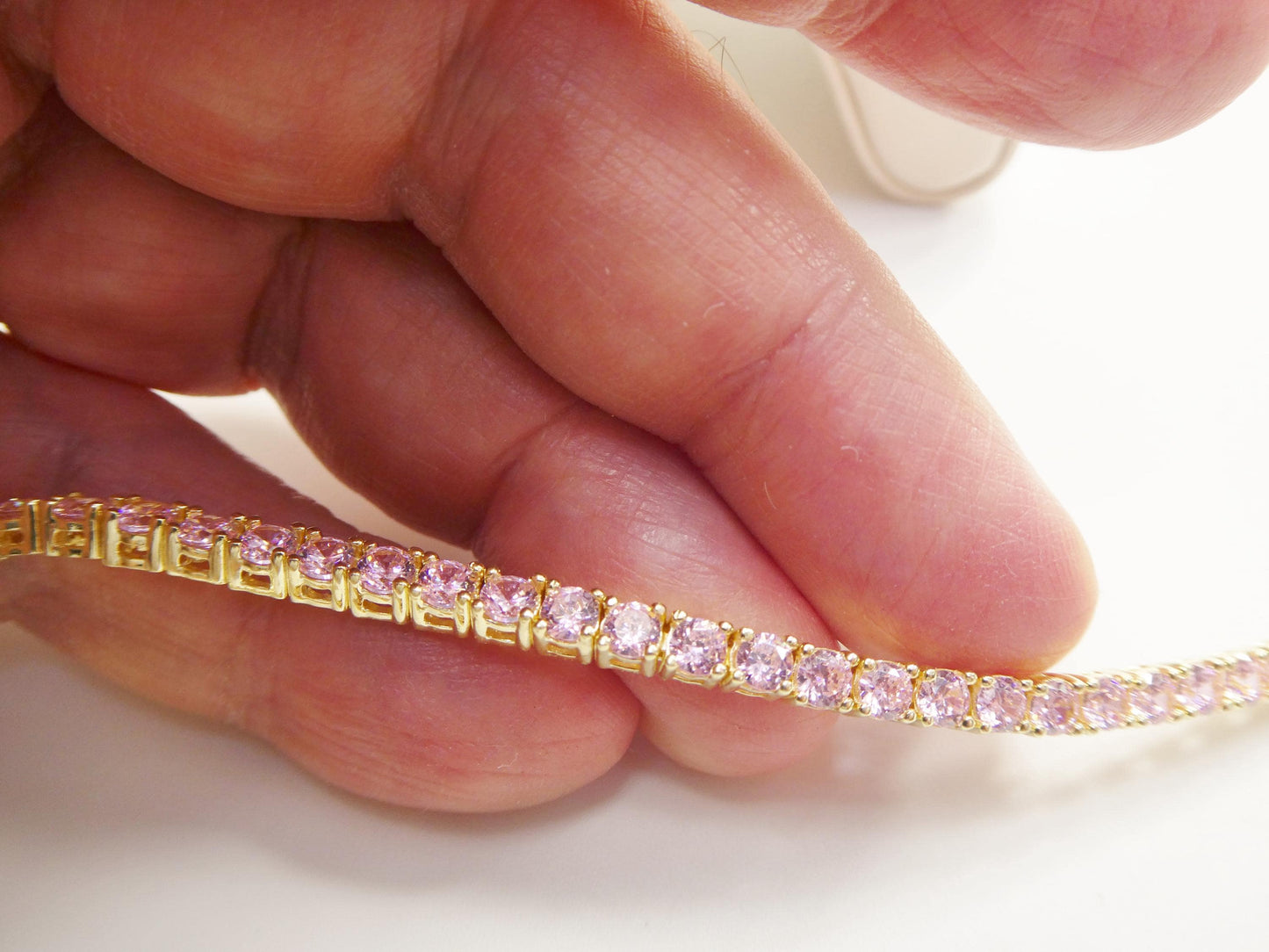 Real 925 Sterling Silver Pink Stone Tennis Bracelet Box Lock Clasp