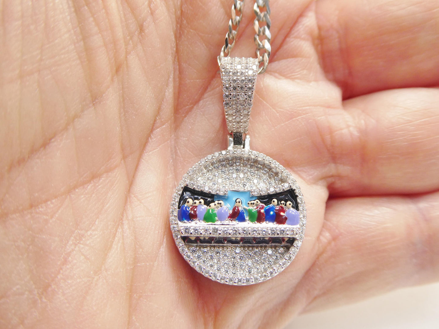 Real 925 Sterling Silver 20 inch Flat Chain and Enamel Last Supper Pendent Charm
