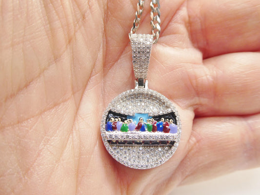 real 925 sterling silver 20 inch flat chain and enamel last supper pendent charm