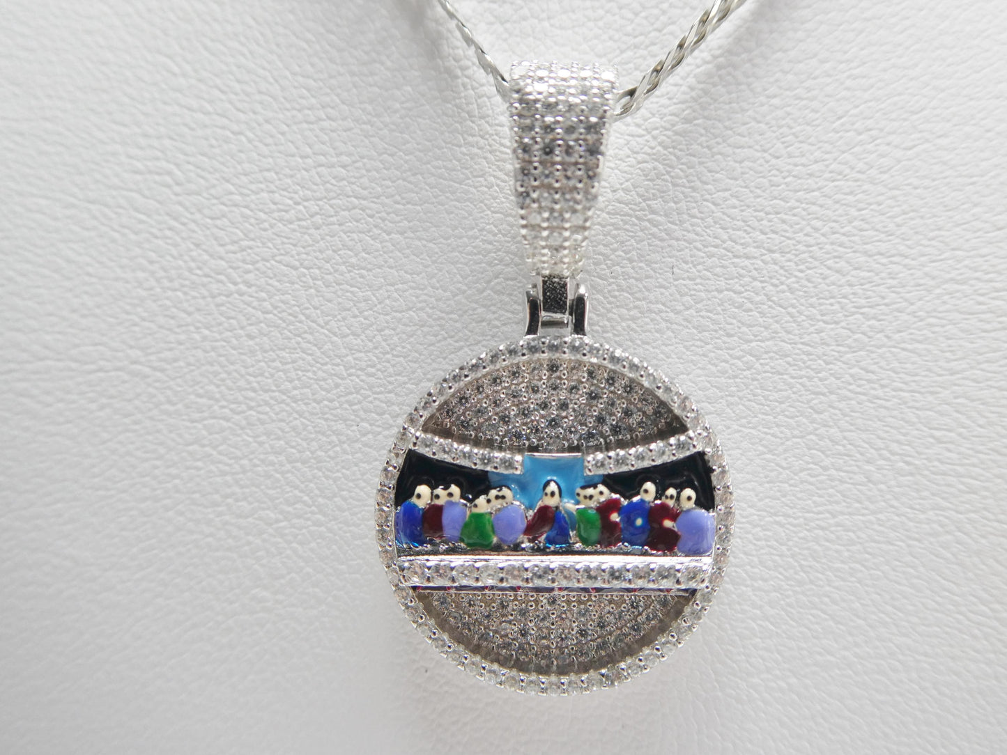 Real 925 Sterling Silver 20 inch Flat Chain and Enamel Last Supper Pendent Charm