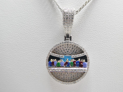 Real 925 Sterling Silver 20 inch Flat Chain and Enamel Last Supper Pendent Charm