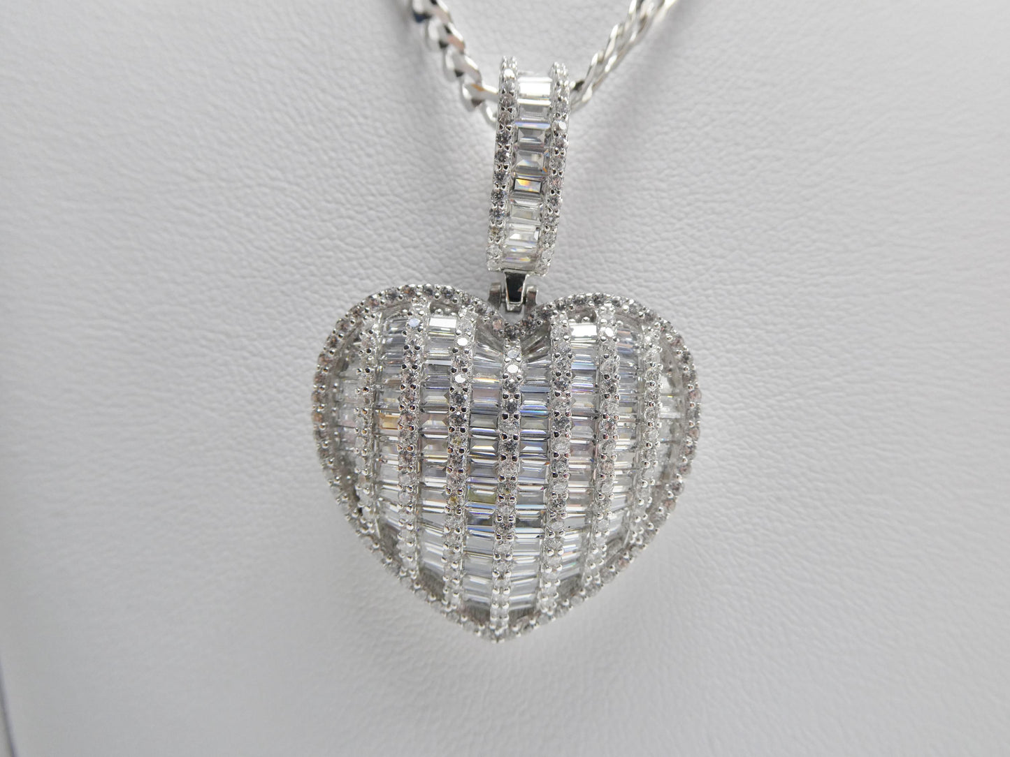 Sterling Silver Heart Pendant Necklace: Cuban Chain, Cubic Zirconia