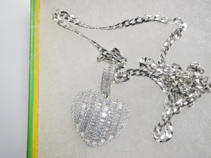 Sterling Silver Heart Pendant Necklace: Cuban Chain, Cubic Zirconia