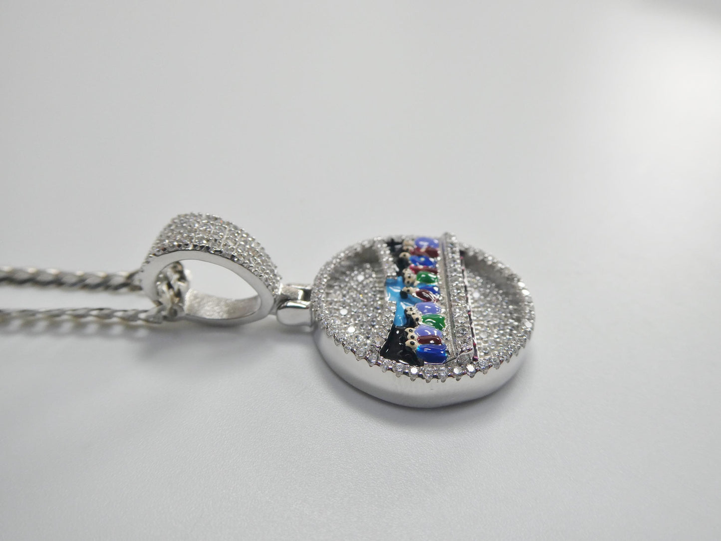 Real 925 Sterling Silver 20 inch Flat Chain and Enamel Last Supper Pendent Charm
