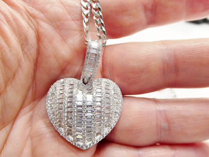 Sterling Silver Heart Pendant Necklace: Cuban Chain, Cubic Zirconia
