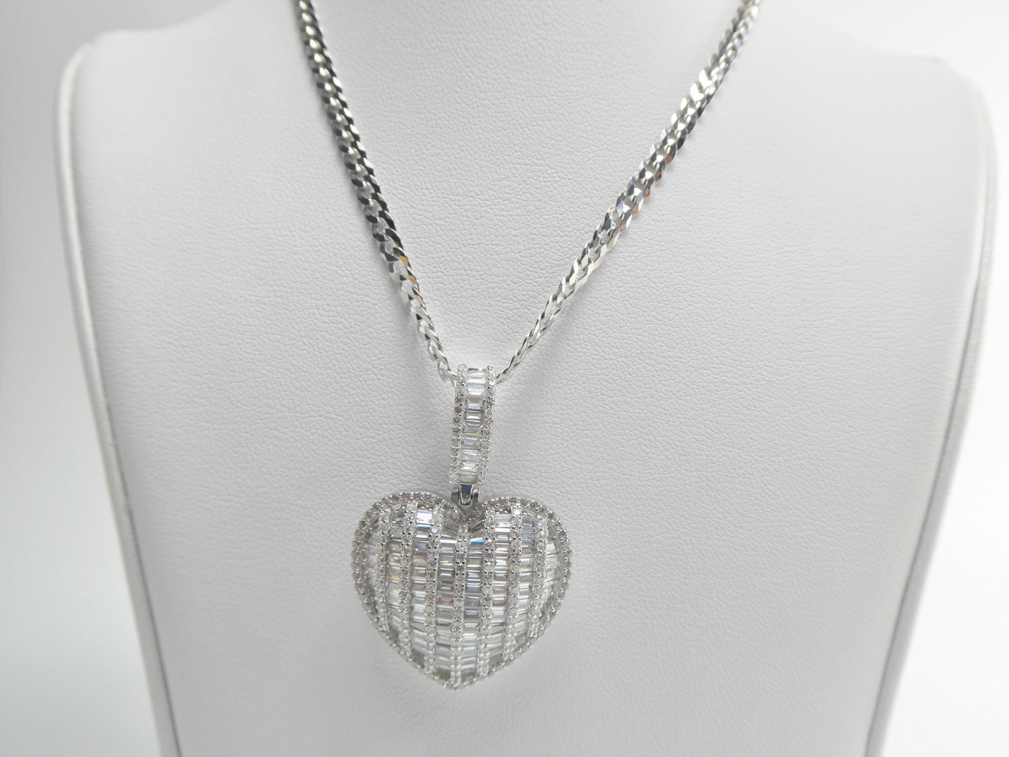 Sterling Silver Heart Pendant Necklace: Cuban Chain, Cubic Zirconia
