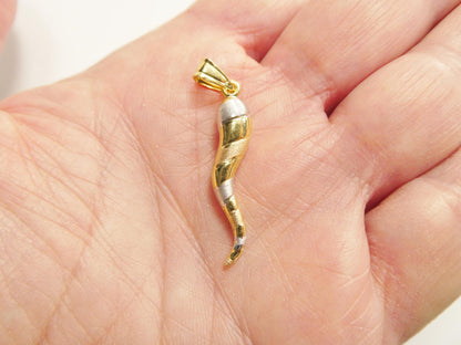 14k Real Solid Yellow Gold Tri Color Horn Pendent and Robe Necklace
