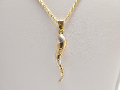 14k Real Solid Yellow Gold Tri Color Horn Pendent and Robe Necklace