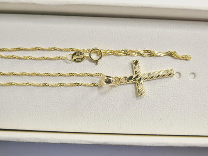 10k Yellow Gold Singapore Chain & Cross Pendant Necklace: 16 inch