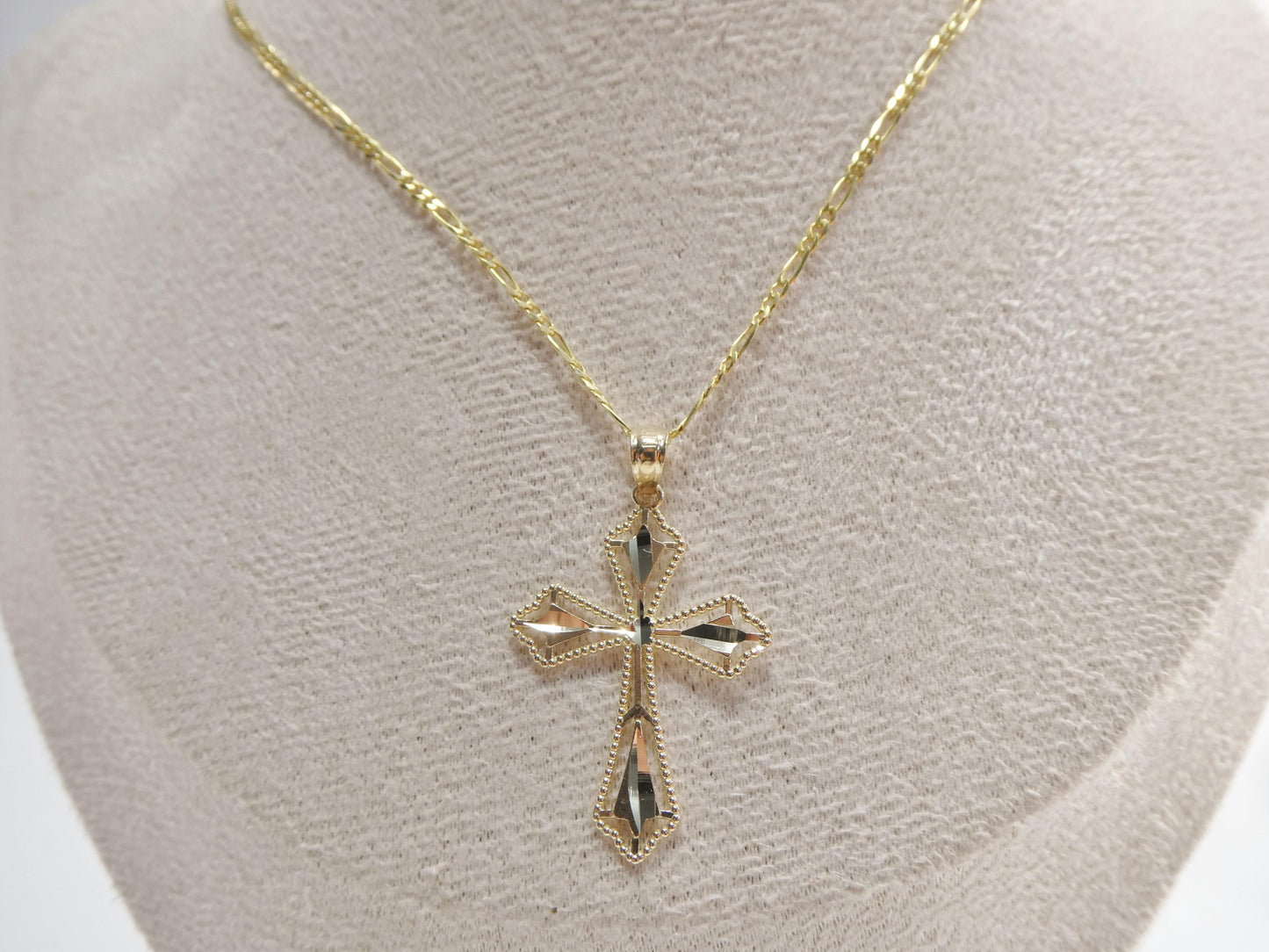 10k Yellow Gold Solid figaro Chain & Cross Pendant Necklace: 16 inch