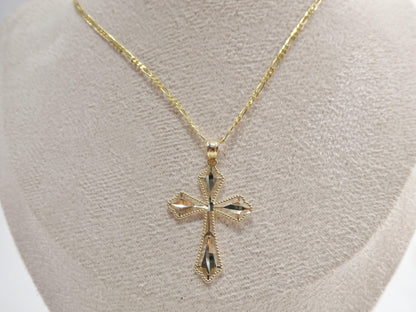 10k Yellow Gold Solid figaro Chain & Cross Pendant Necklace: 16 inch