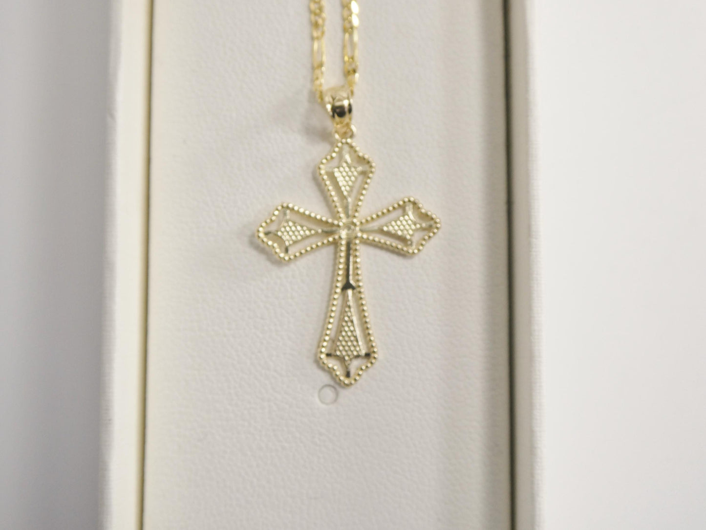 10k Yellow Gold Solid figaro Chain & Cross Pendant Necklace: 16 inch