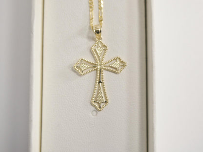 10k Yellow Gold Solid figaro Chain & Cross Pendant Necklace: 16 inch