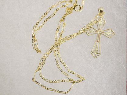 10k Yellow Gold Solid figaro Chain & Cross Pendant Necklace: 16 inch