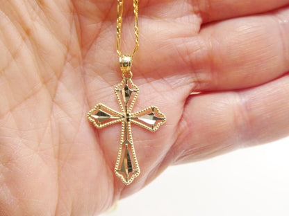 10k Yellow Gold Solid figaro Chain & Cross Pendant Necklace: 16 inch