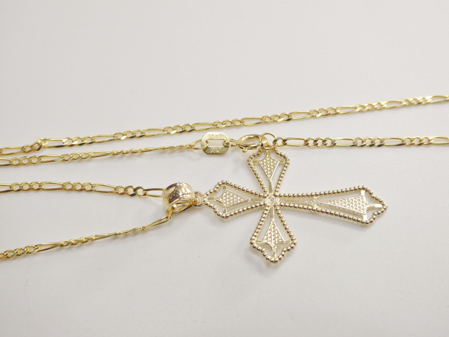 10k Yellow Gold Solid figaro Chain & Cross Pendant Necklace: 16 inch