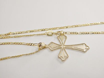 10k Yellow Gold Solid figaro Chain & Cross Pendant Necklace: 16 inch