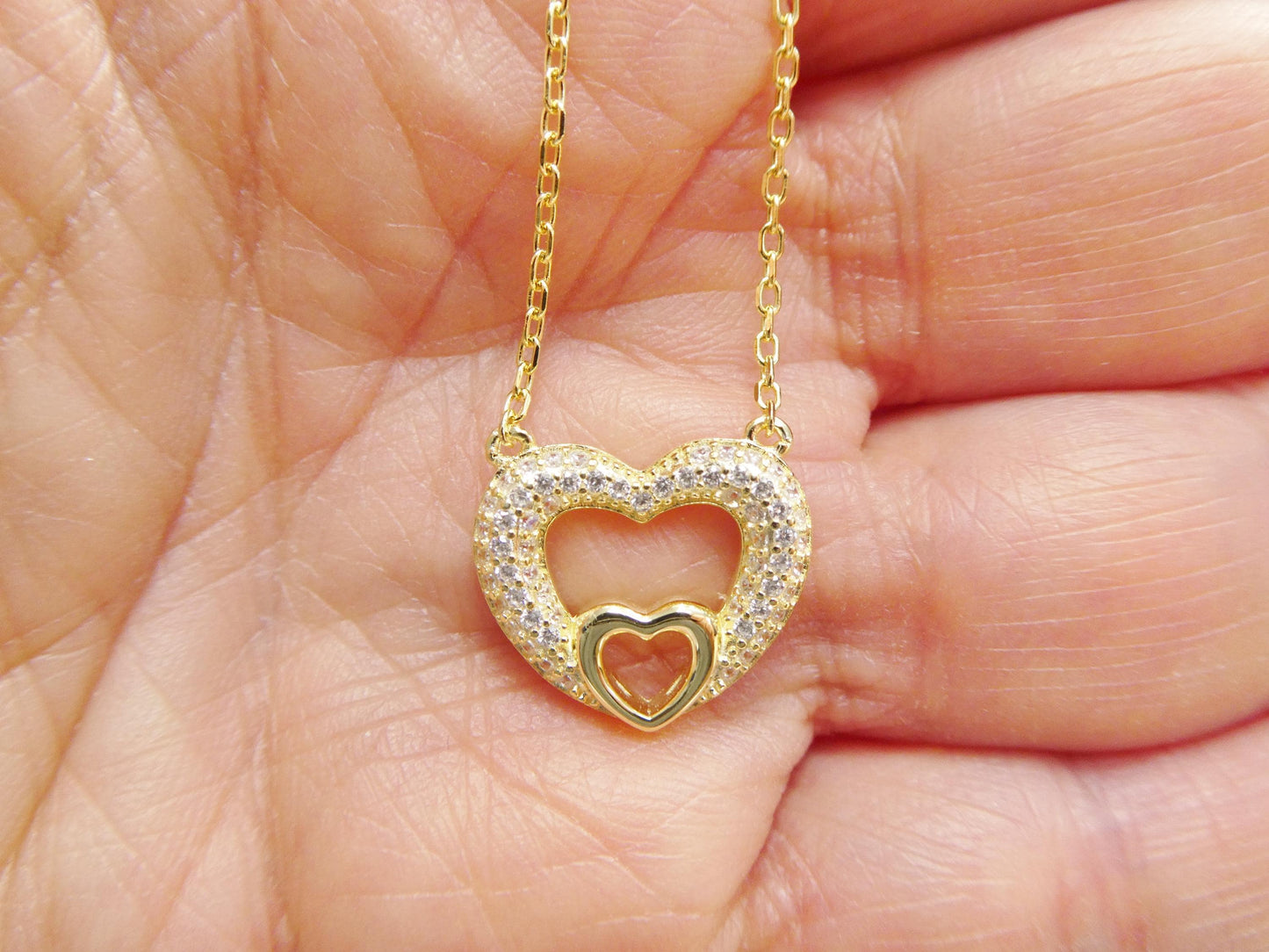 Heart Necklace: 925 Sterling Silver, 14k Gold Finish