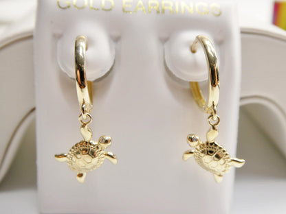 Real 10k Solid Yellow Gold Turtle Drop Huggie Earrings