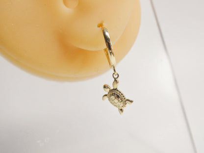 Real 10k Solid Yellow Gold Turtle Drop Huggie Earrings