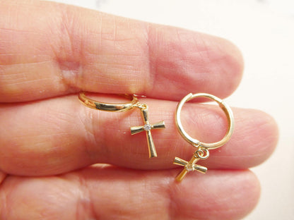 Real 10k Solid Yellow Gold Cross Dropping Designer Earrings