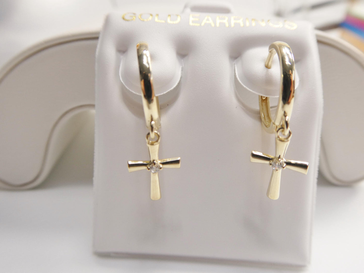Real 10k Solid Yellow Gold Cross Dropping Designer Earrings