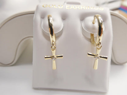 Real 10k Solid Yellow Gold Cross Dropping Designer Earrings