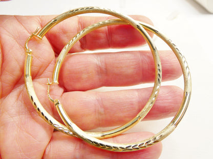 10k Real Solid Yellow Gold Diamond Cut Hoop 65mm Earrings