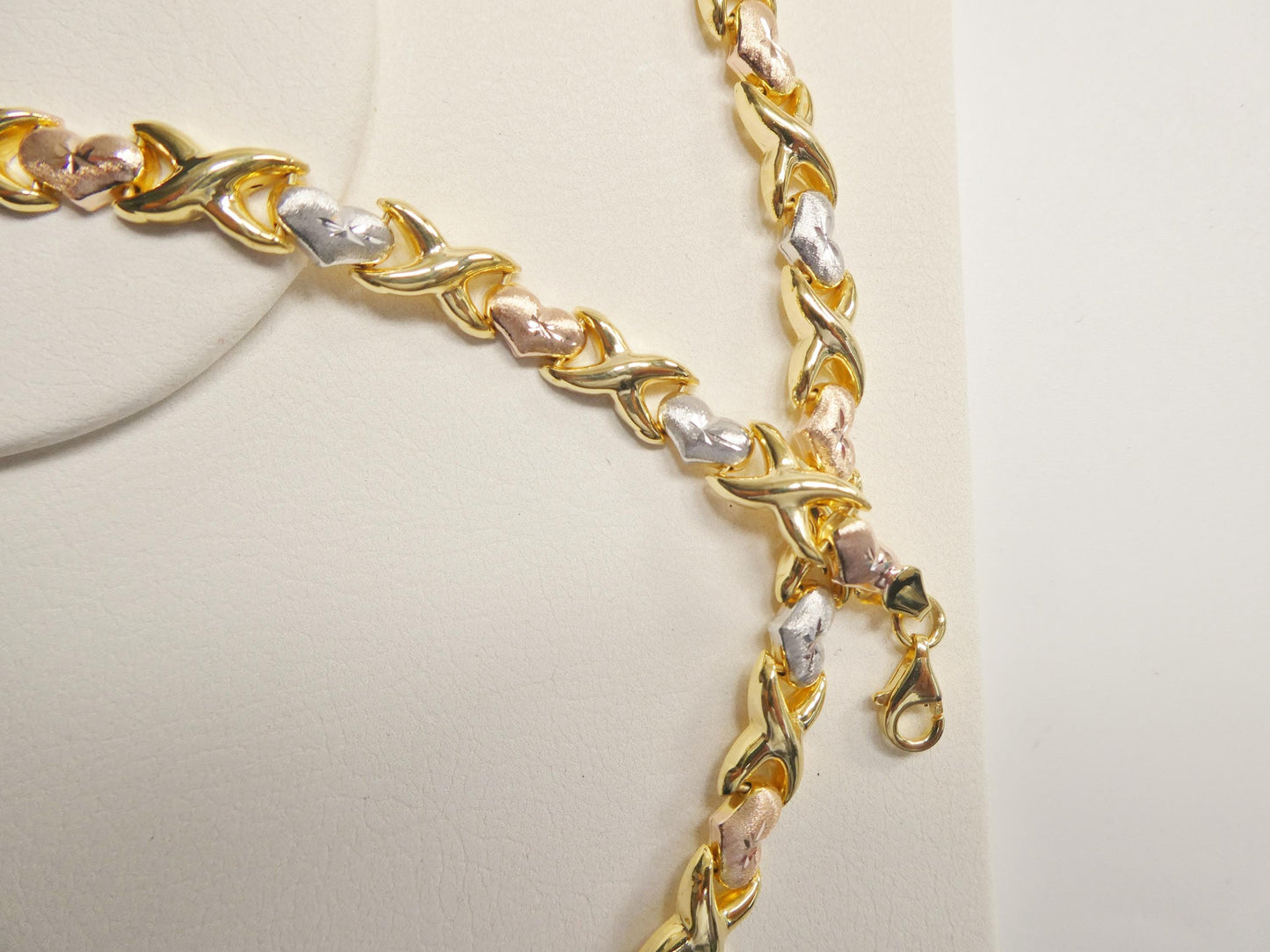 Tri-Color 14K Gold Sterling Silver XOXO Heart Necklace and Bracelet Set