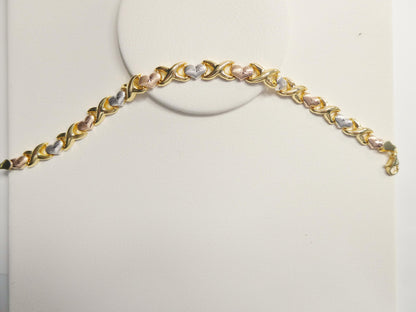 Tri-Color 14K Gold Sterling Silver XOXO Heart Necklace and Bracelet Set