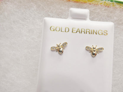 10k Real Solid Yellow Gold Push Back Bee Earrings