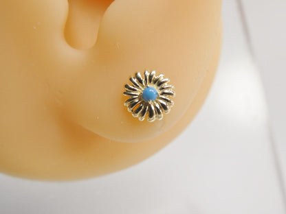 Real 10k Solid Yellow Gold Turquoise Floral Push Post Earrings