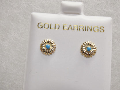 Real 10k Solid Yellow Gold Turquoise Floral Push Post Earrings