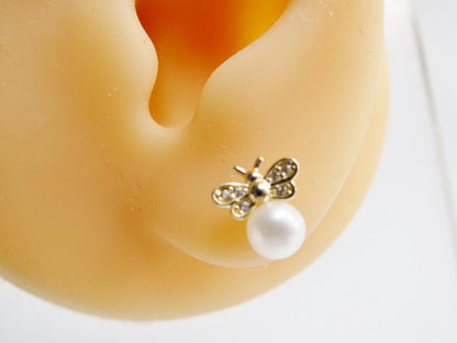 10k Real Solid Yellow Gold Push Back Honey Bee Pearl Earrings