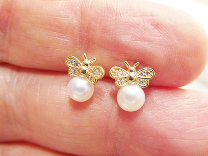 10k Real Solid Yellow Gold Push Back Honey Bee Pearl Earrings