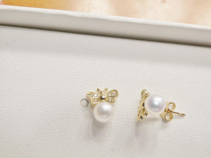 10k Real Solid Yellow Gold Push Back Honey Bee Pearl Earrings