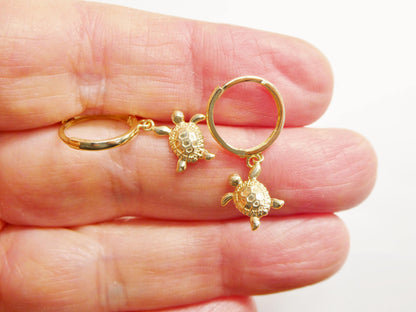 Real 10k Solid Yellow Gold Turtle Drop Huggie Earrings