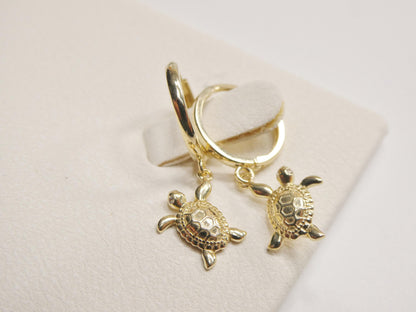 Real 10k Solid Yellow Gold Turtle Drop Huggie Earrings