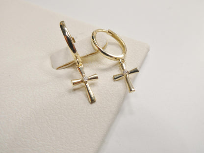 Real 10k Solid Yellow Gold Cross Dropping Designer Earrings