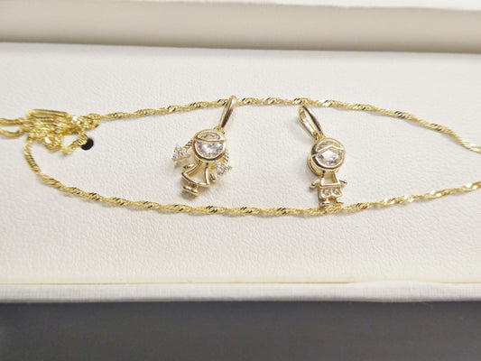 10k Yellow Gold Singapore Chain Necklace with boy girl Pendant