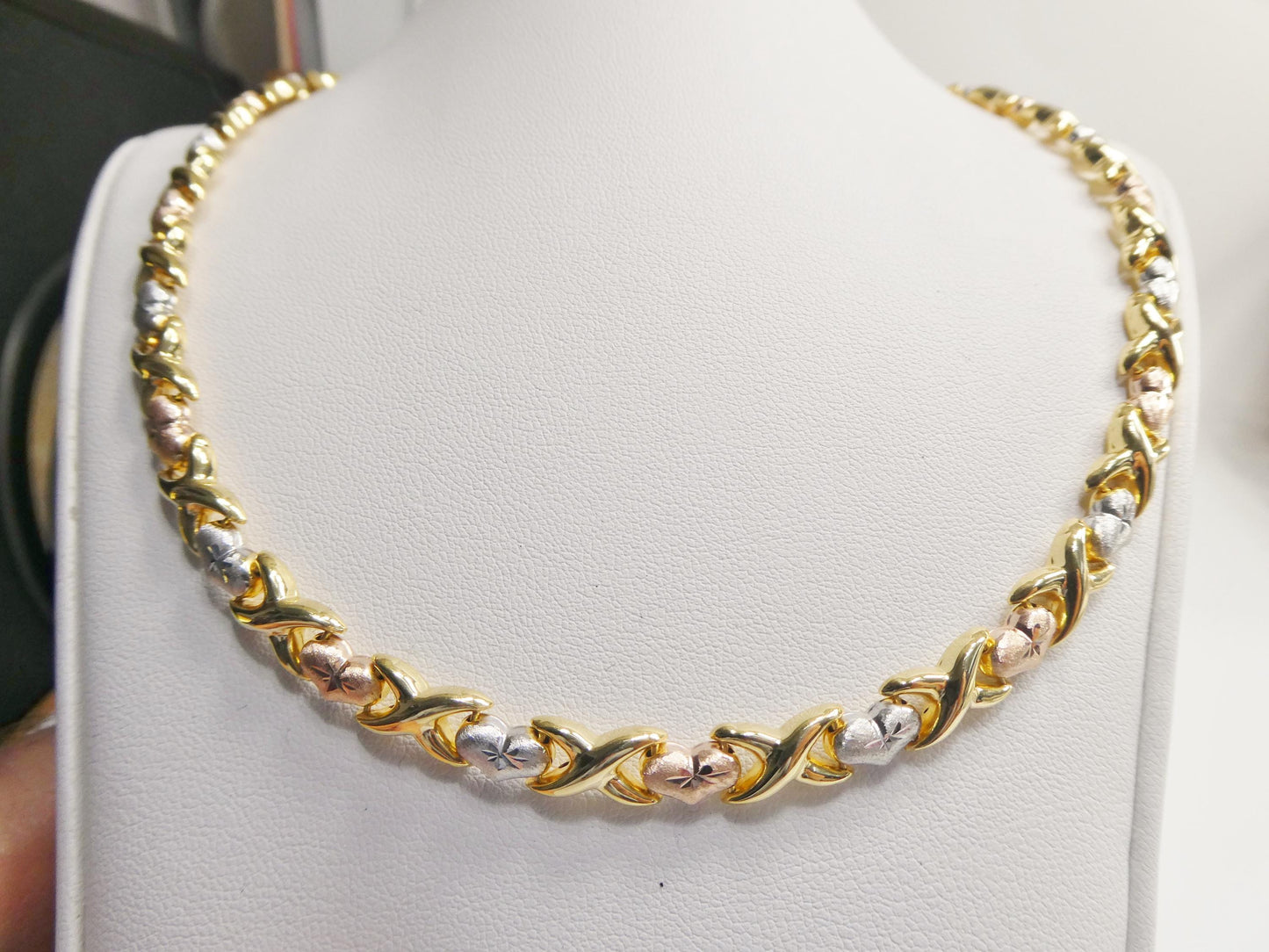 Tri-Color 14K Gold Sterling Silver XOXO Heart Necklace and Bracelet Set