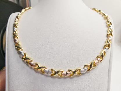 Tri-Color 14K Gold Sterling Silver XOXO Heart Necklace and Bracelet Set
