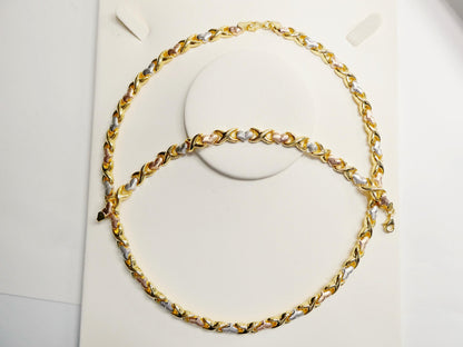 Tri-Color 14K Gold Sterling Silver XOXO Heart Necklace and Bracelet Set