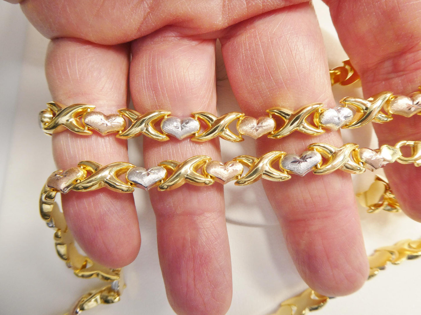 Tri-Color 14K Gold Sterling Silver XOXO Heart Necklace and Bracelet Set