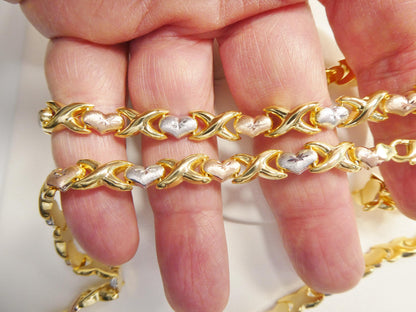 Tri-Color 14K Gold Sterling Silver XOXO Heart Necklace and Bracelet Set