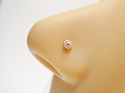 14k Real Solid Yellow Gold Pink Flower Nose Rings